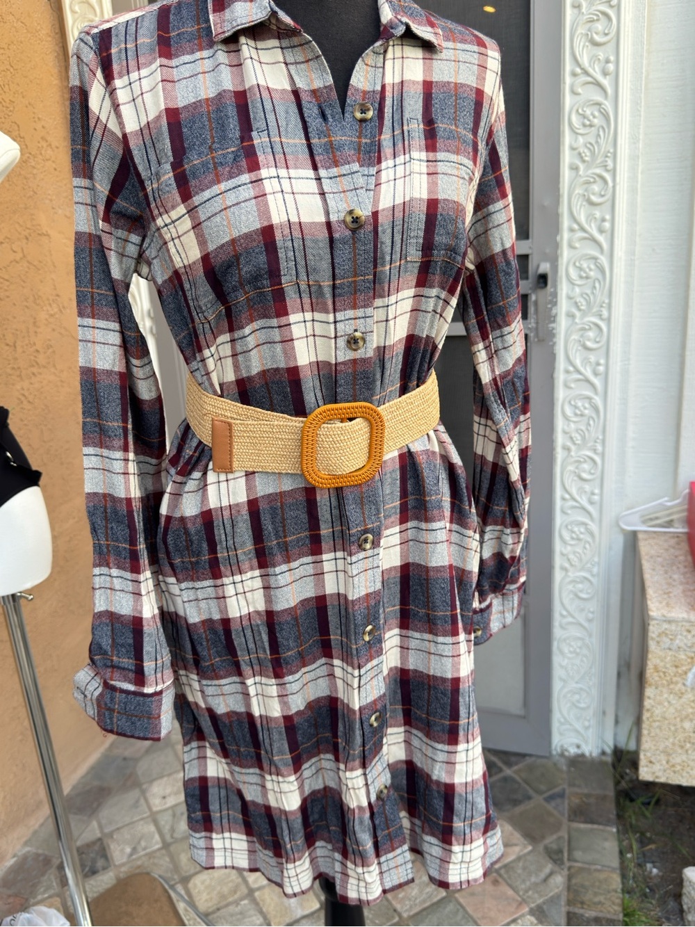 Natural Reflections Plaid Button-Front Shirt Dress in Burgundy, Navy & Cream